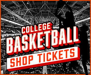 College Basketball Shop Tickets graphic with basketball court background.