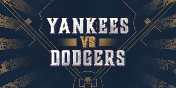 World Series tickets graphic with a dark navy background and gold outline of a baseball diamond. Text overlay reads "Yankees vs. Dodgers."