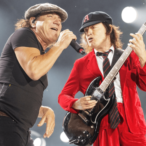 Image of Angus Young and Brian Johnson of AC/DC performing